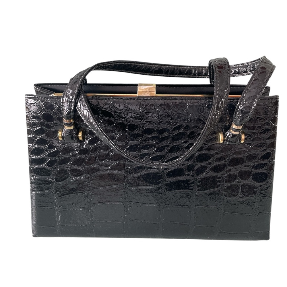 Vintage Black Croc-Embossed Structured Top-Handle Bag With Gold Hardware